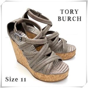 Tory Burch Jeanine Snake Print leather Strap Cork Wedge Sandal Gray Size 11
